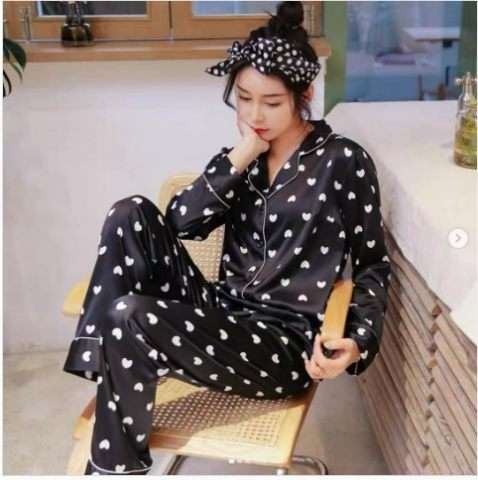 Pankh Heart Print Satin Night Suit