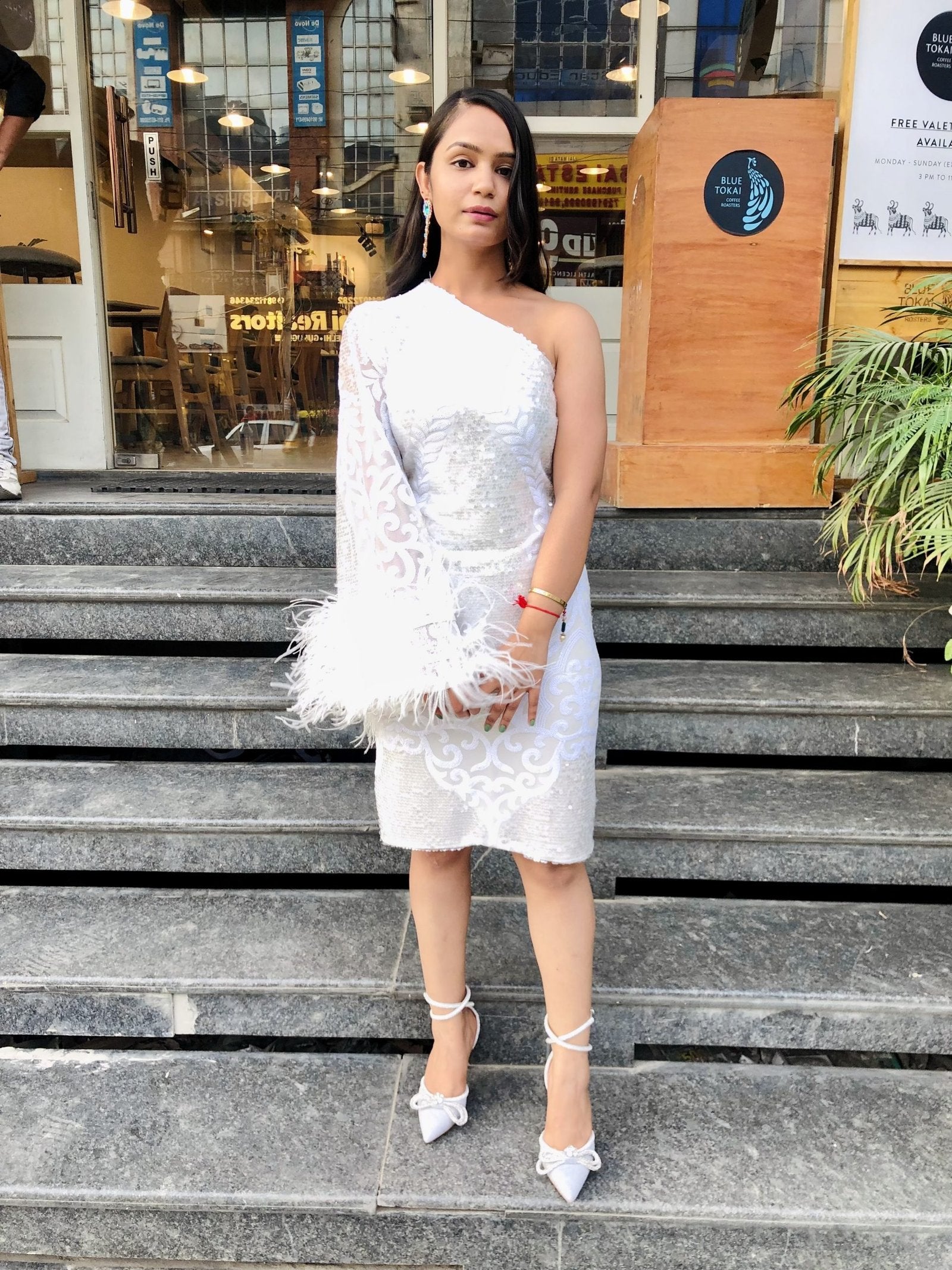 Pankh Customised Alisha One Off-shoulder Fur & Sequin Dress