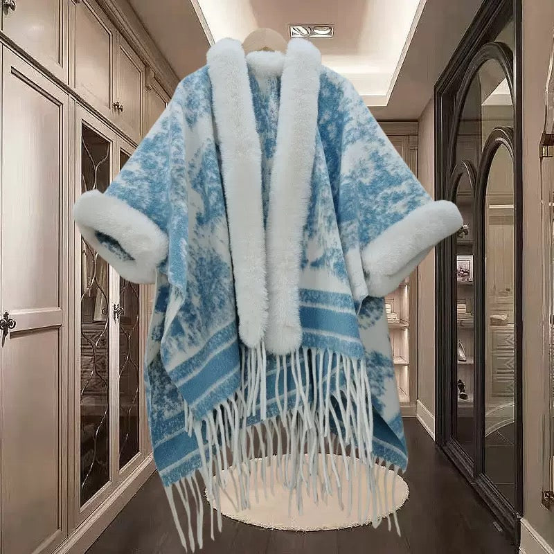 Pankh Diyyor Woolen Winter Cape Shawl with Fur Sleeve