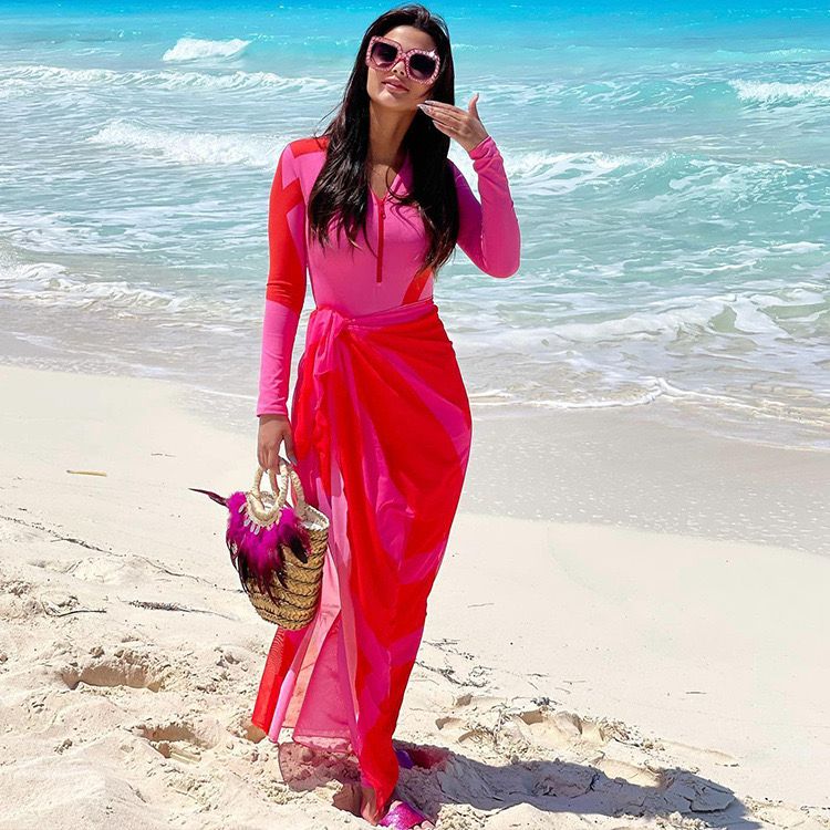 Pankh Abby Pink & Red Zip-Up Full sleeve Monokini Swimwear With Cover-Up