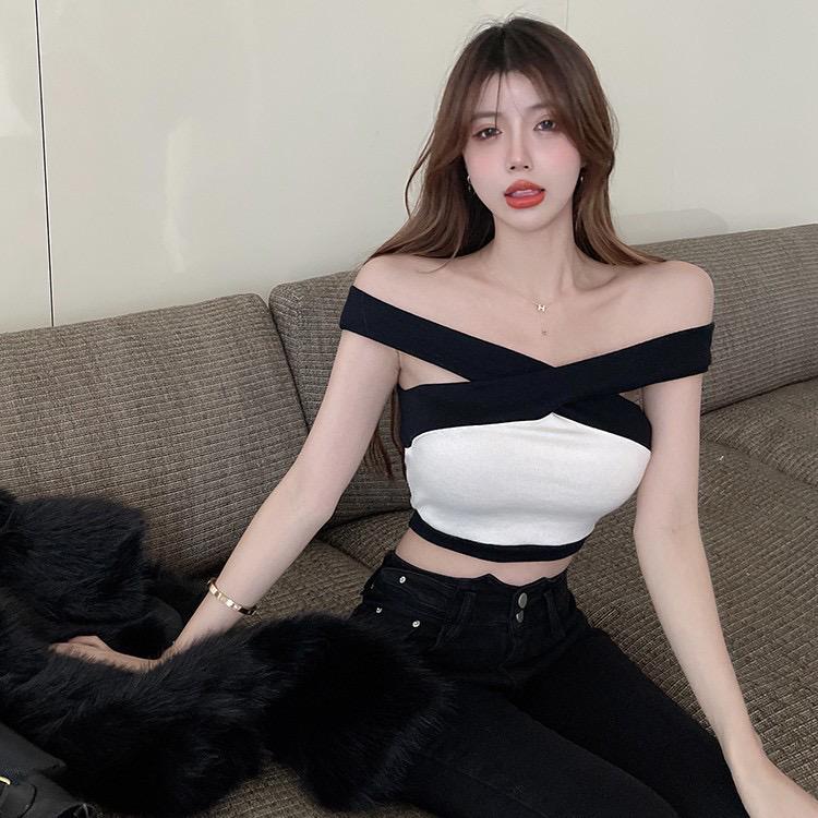 Pankh Riven Knit Halter Beige And Black Crop Top