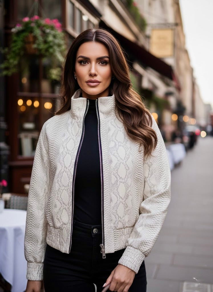 Pankh Sneeza Sneak Print White Leather Jacket