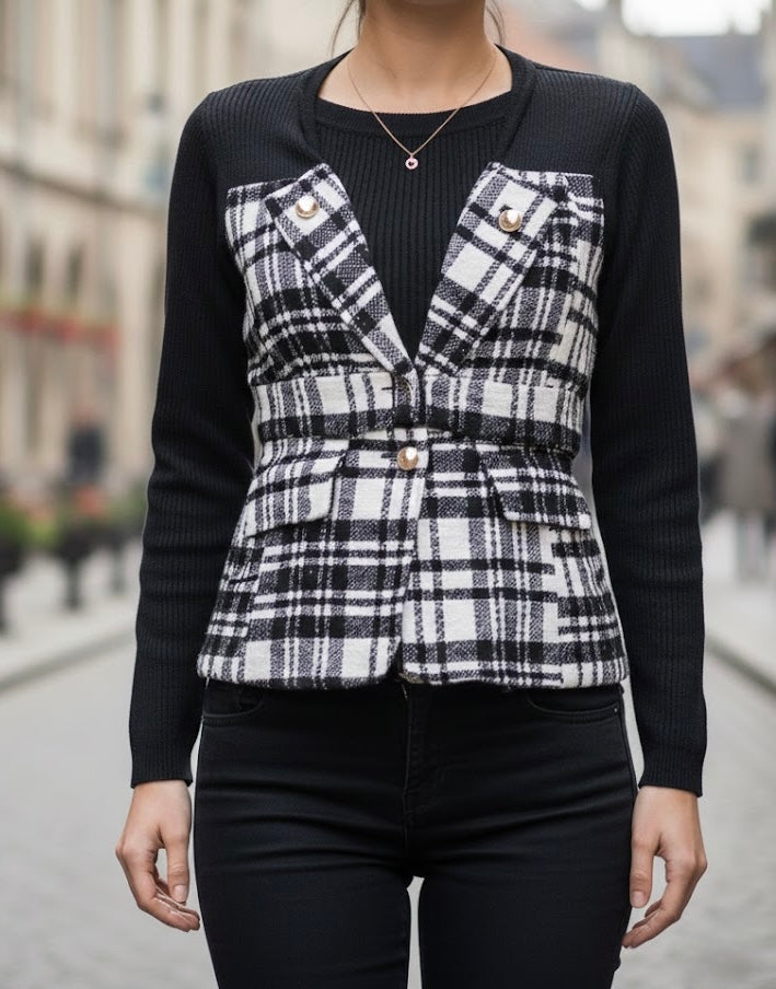 Pankh Oxer Plaid Tweed Autumn Top with Belt