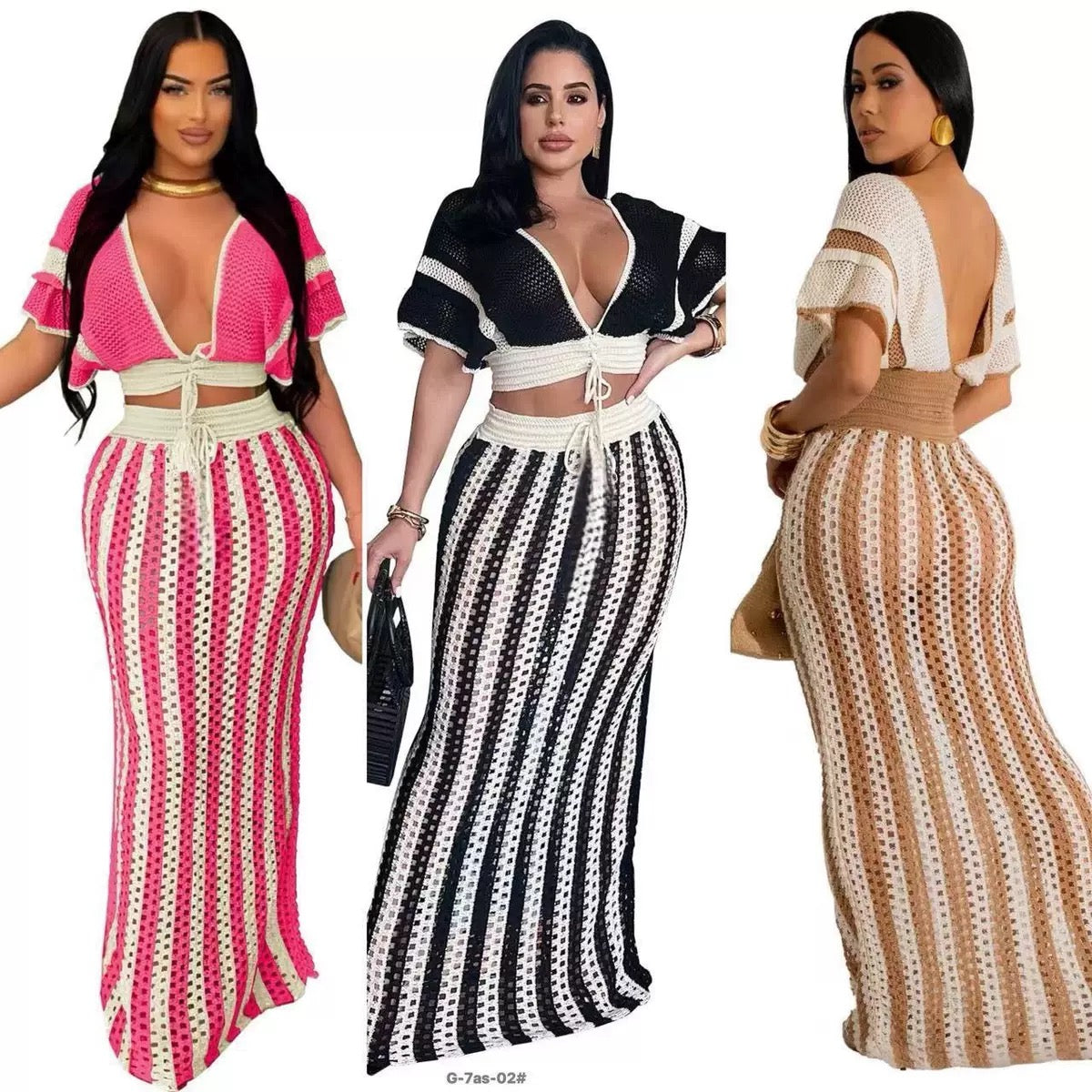 Pankh Callista Knitted Crochet Hollow Out Stripe Crop Top And Long Skirt