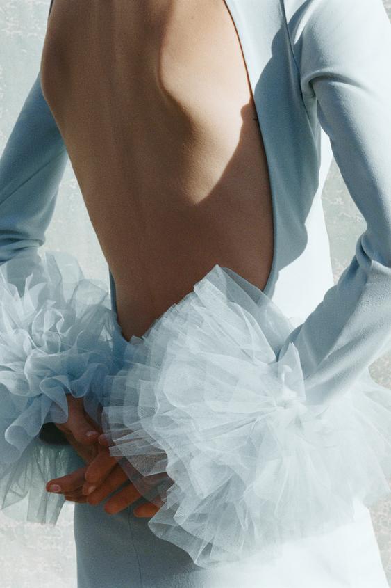Pankh Evelina Pale Blue Ruffle Sleeve Trimmed Short Dress