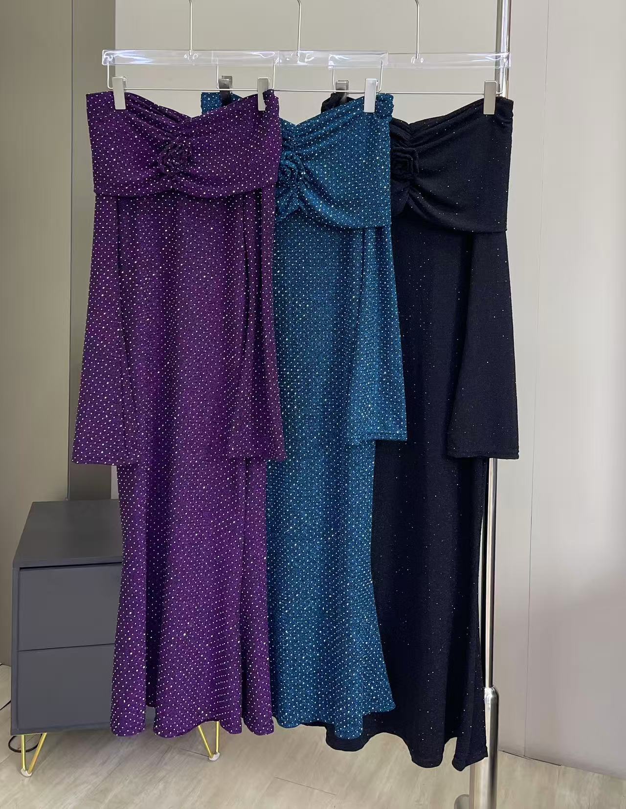 Pankh Rizya Stone Embelished Party Wear Shimmer Off Shoulder Maxi Evening Dress