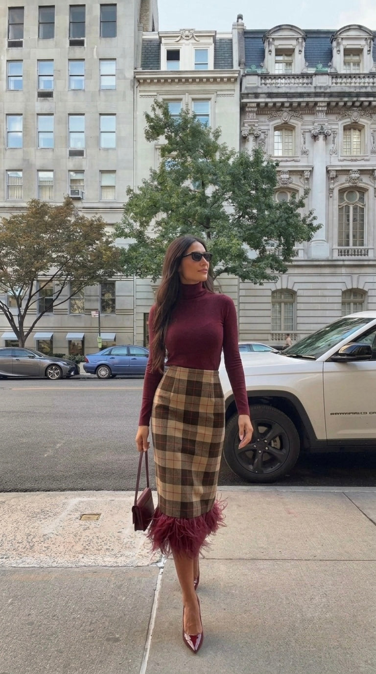 Pankh Mesiko Plaid Check Autumn Fur Skirt