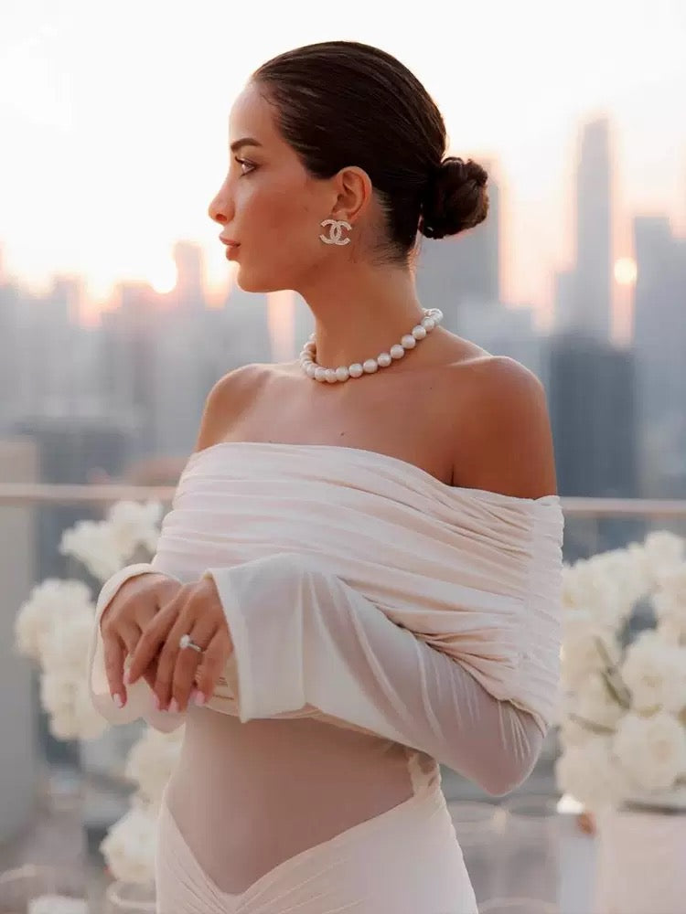 Pankh Luxe Kyra Long-Sleeve Off Shoulder Bodycon Dress