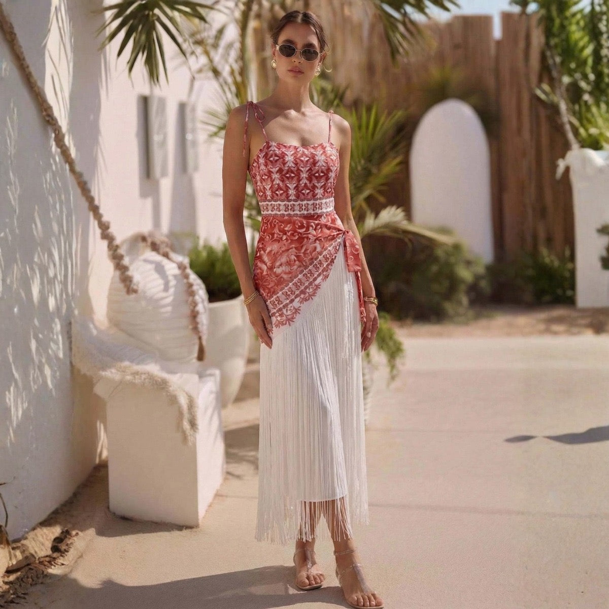 Kaykie Boho Monikini & Tassel Tie Up Skirt Swimwear Set