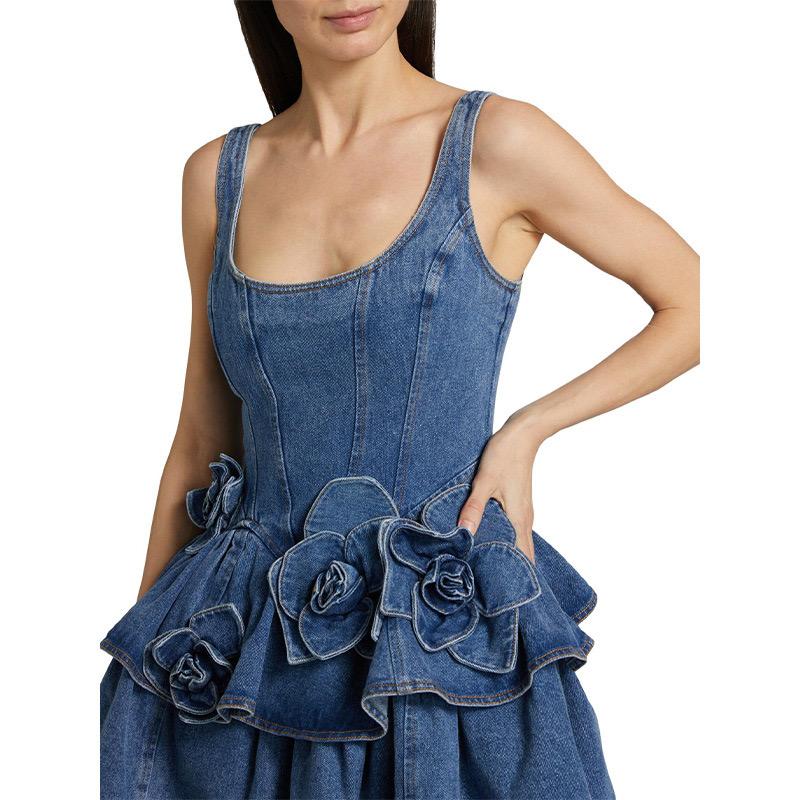 Pankh Aivy Denim 3D Flower Decor Double Layer Mini Dress