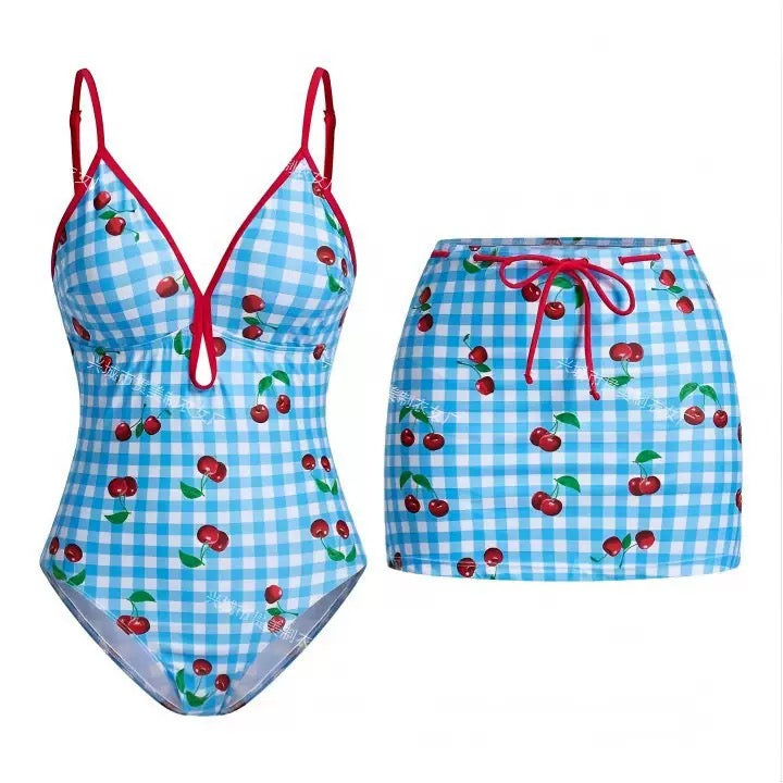 Pankh Cherry Gingham Plaid Swimsuit & Skirt Set