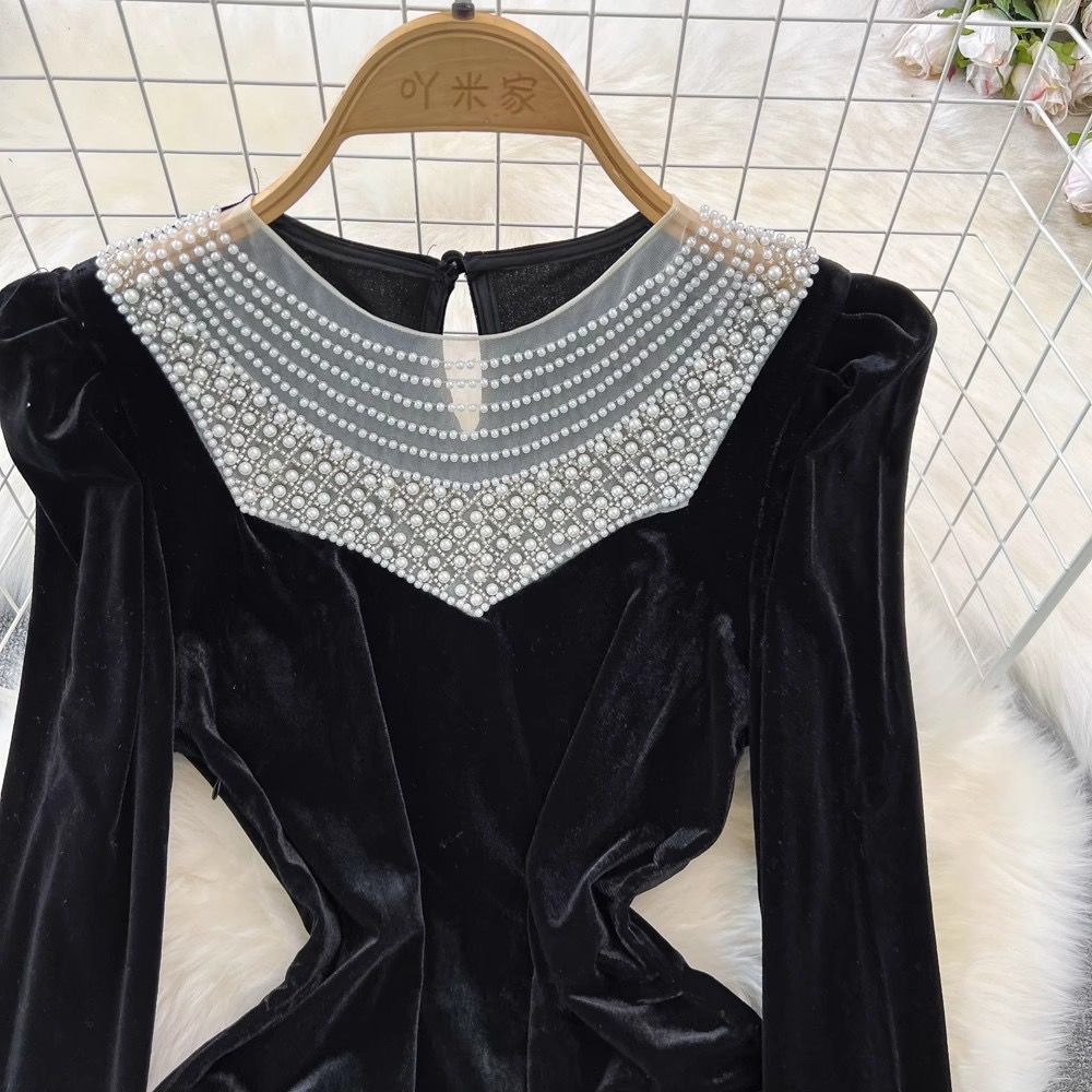 Pankh Bean Pearl Detailing Velvet Party Dress