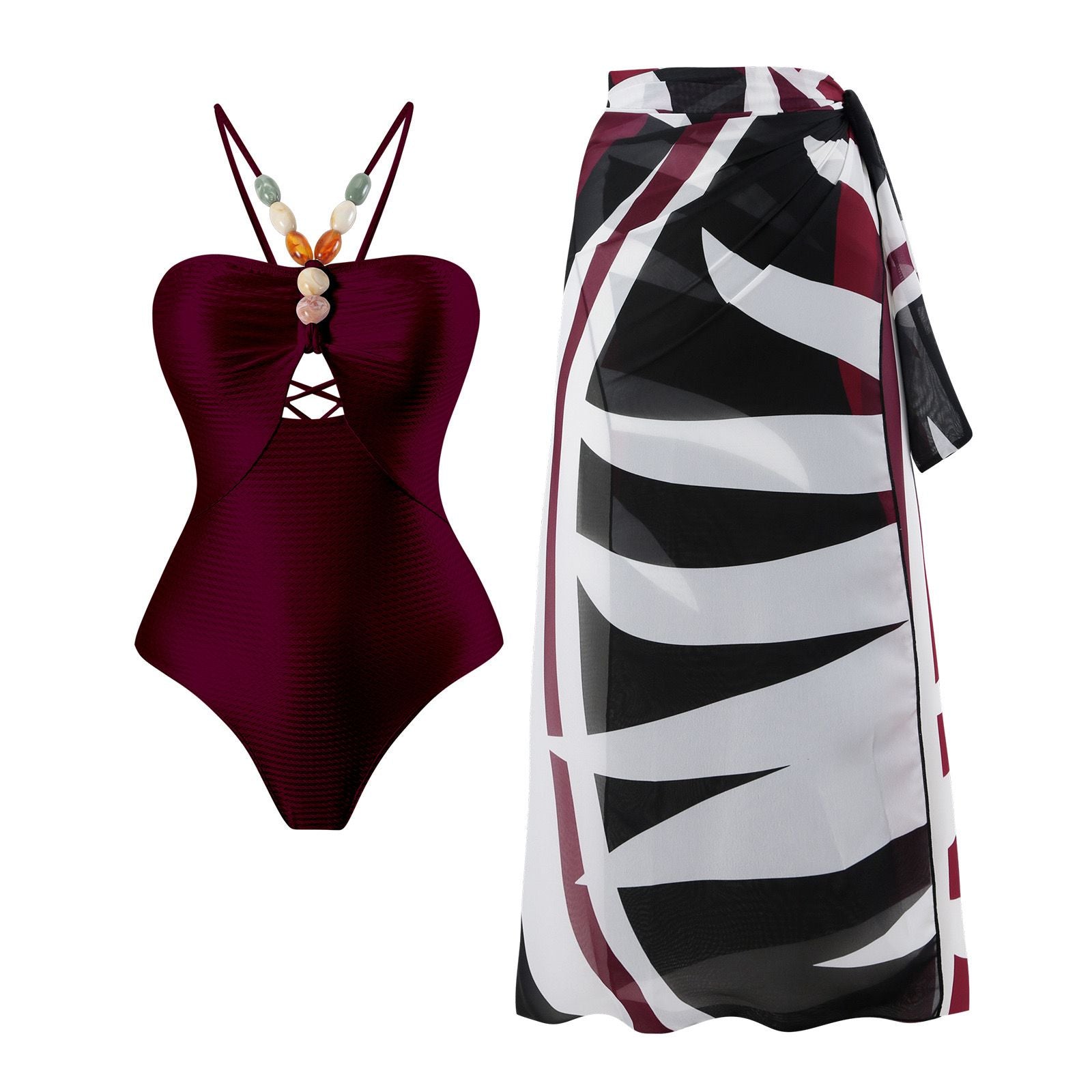 Pankh Lex Beaded Halter Neck Monokini And CoverUp