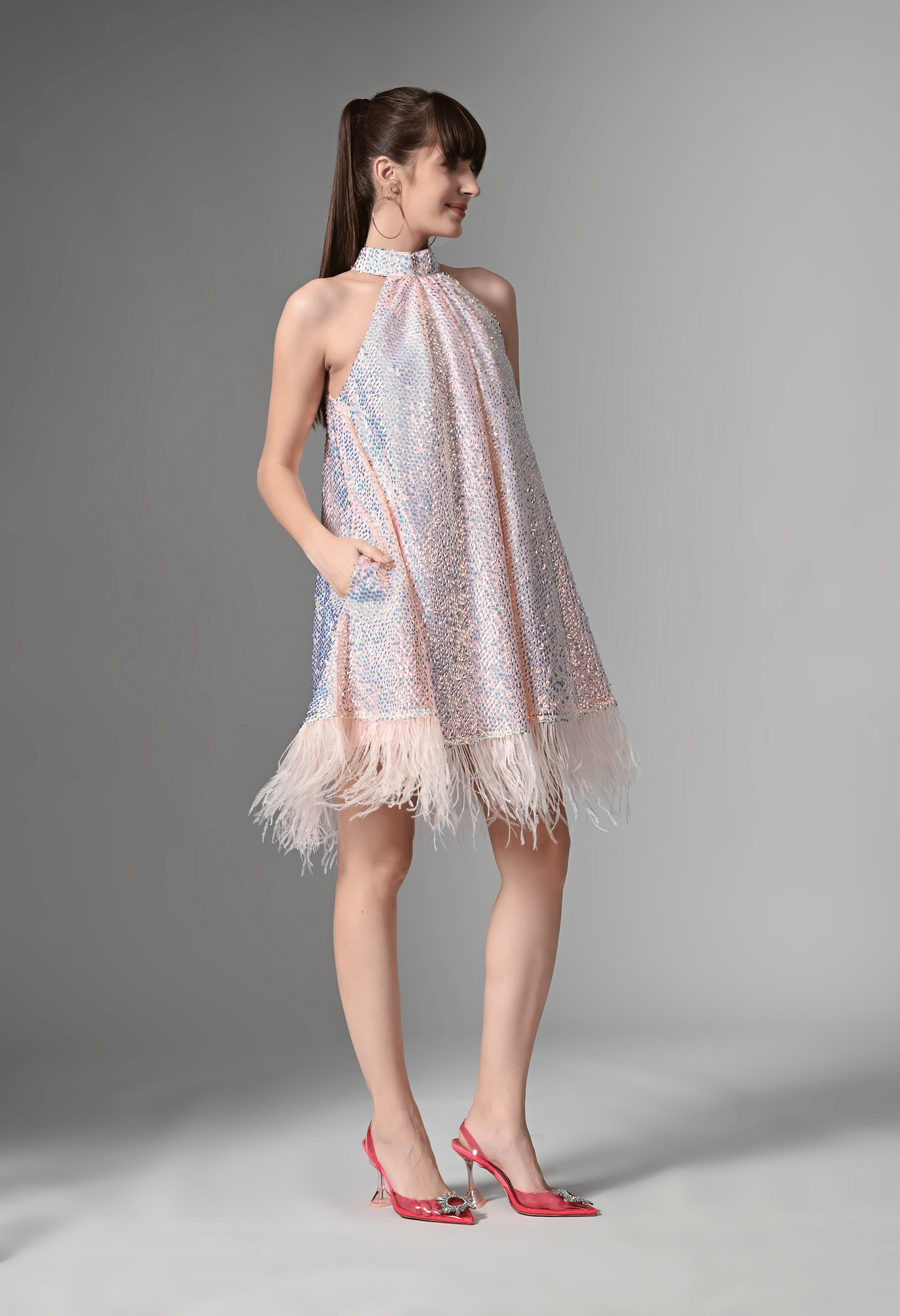 Pankh Princess High Neck Sleeveless Halter Sequins Dress With Feather