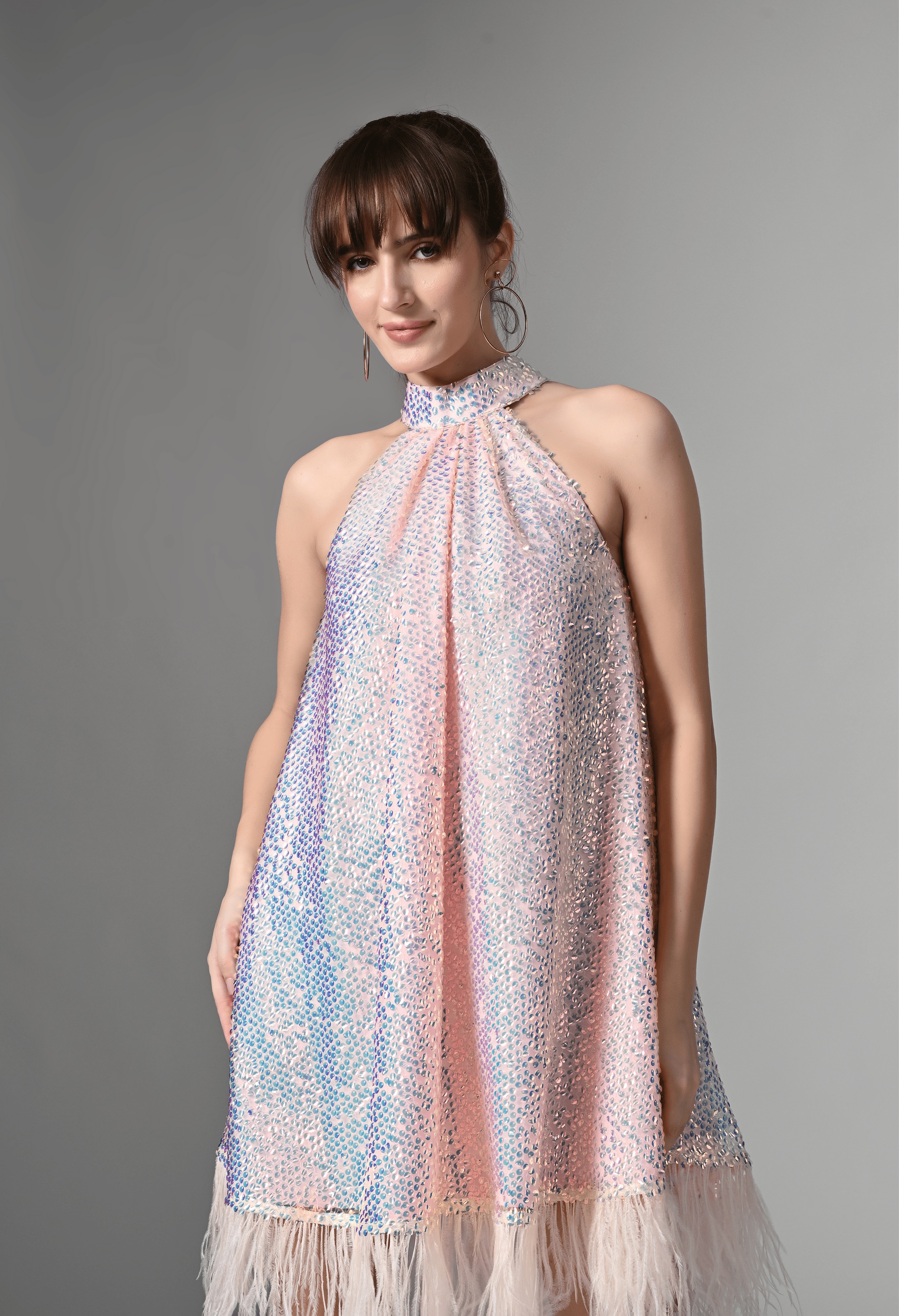 Pankh Princess High Neck Sleeveless Halter Sequins Dress With Feather