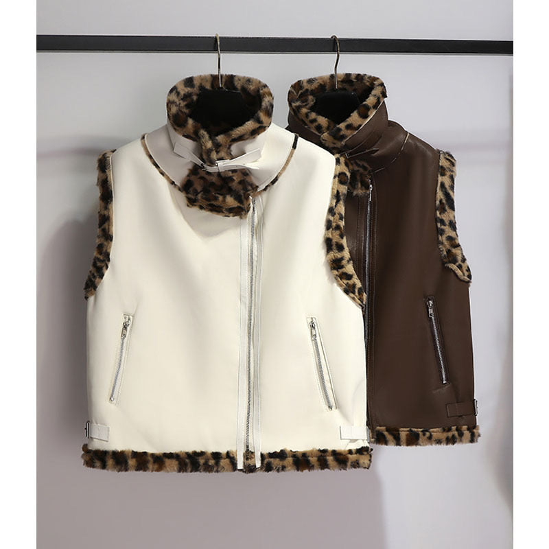 Pankh Laurie Leopard Fur and Leather Sleeveless Teddy Jacket