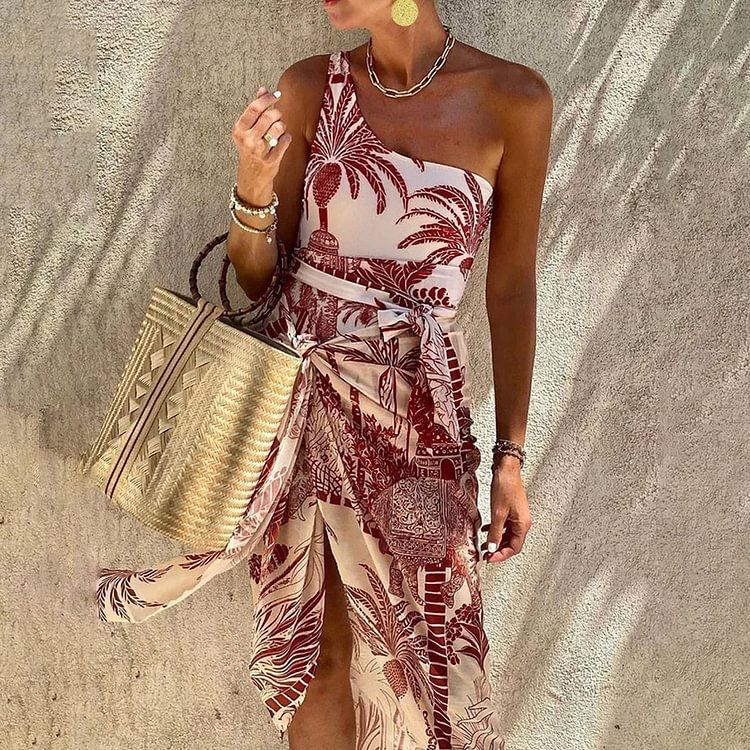 Pankh Cove One Shoulder Coconut Palm Print Swimsuit With Sarong
