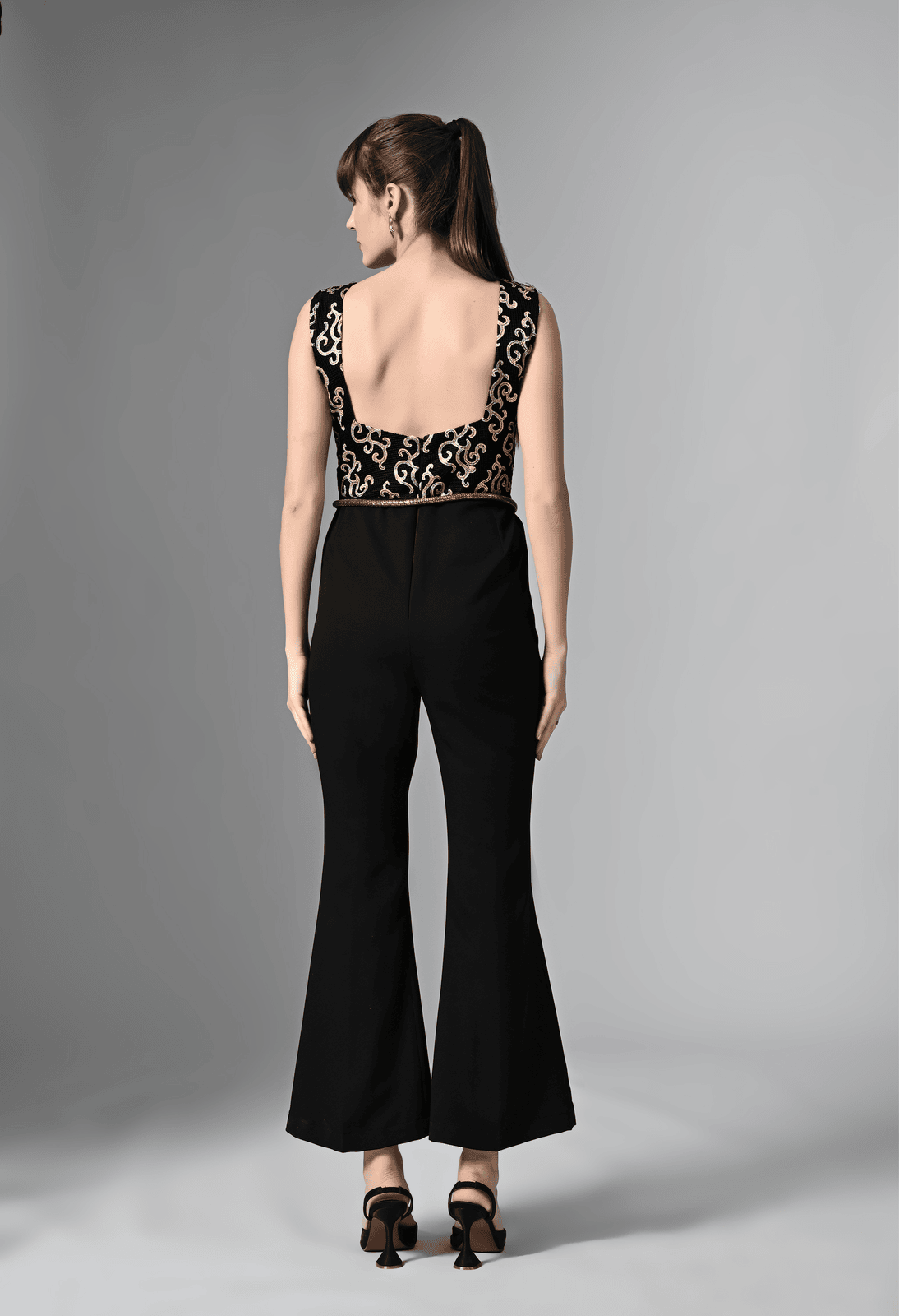 Pankh Tess Black Jumpsuit with Gold Detailing and Belt Accent