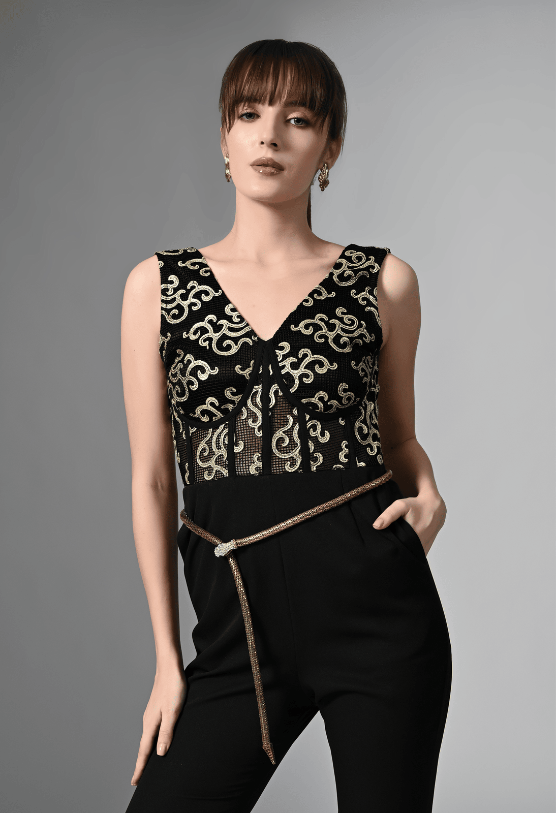Pankh Tess Black Jumpsuit with Gold Detailing and Belt Accent