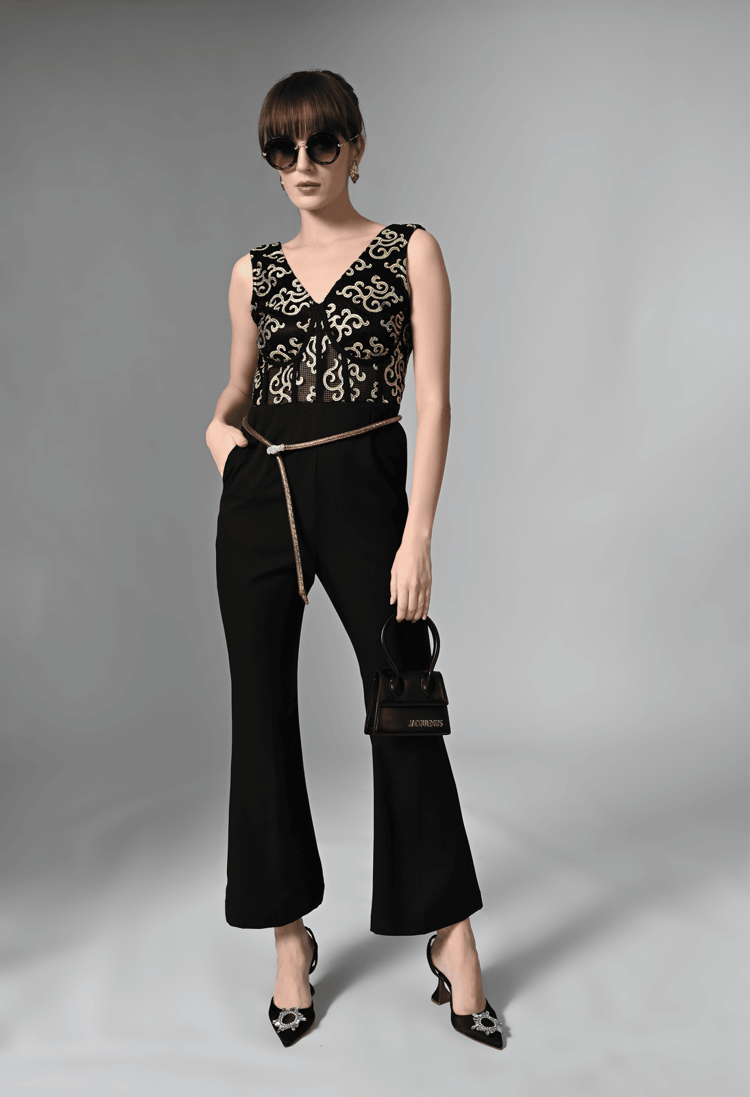 Pankh Tess Black Jumpsuit with Gold Detailing and Belt Accent