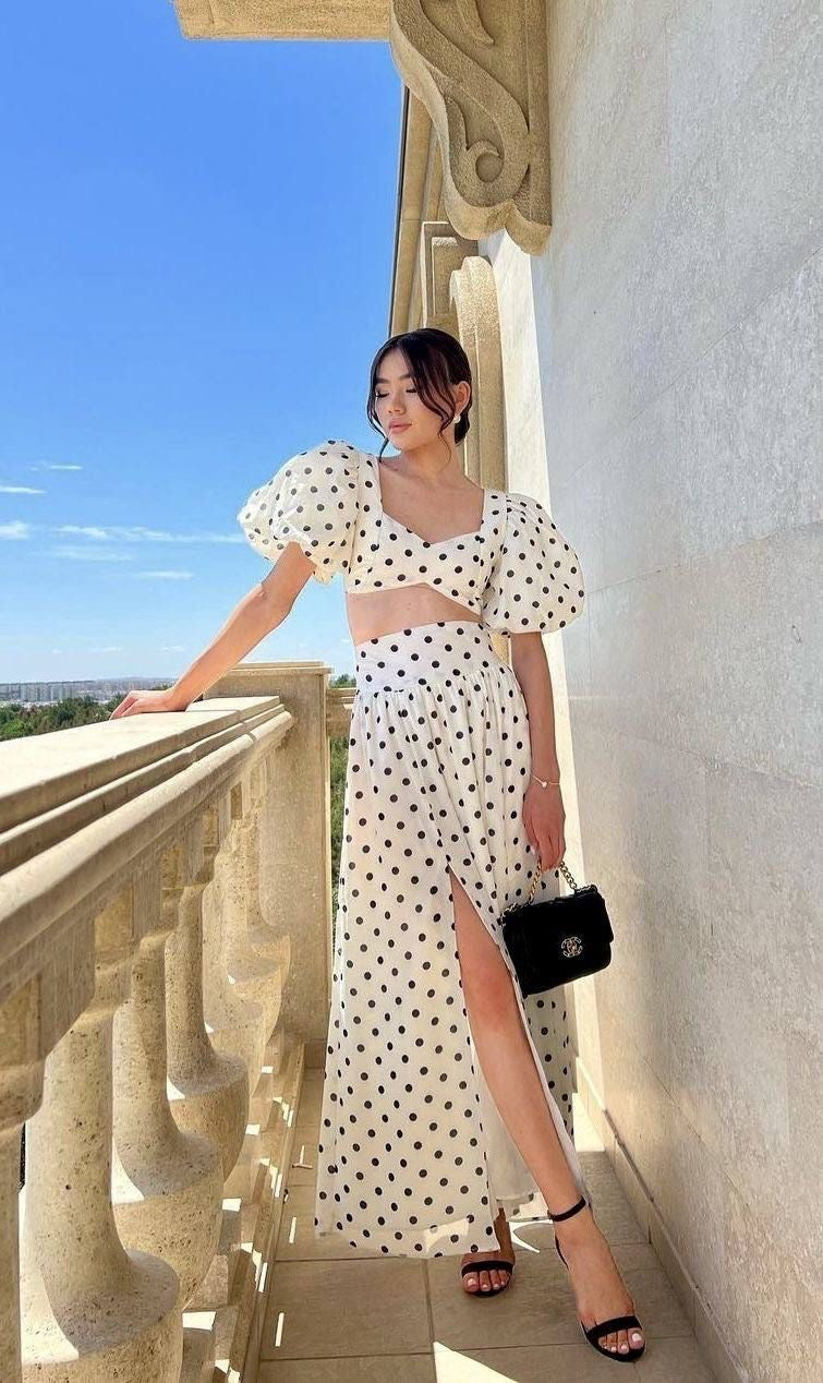 Pankh Cemil Polka Dot Top And Slit Skirt Set