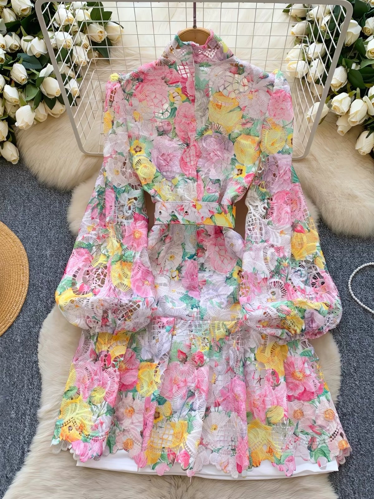 Pankh Skylar Elegant Floral Crochet Lace Long Sleeve Short Dress