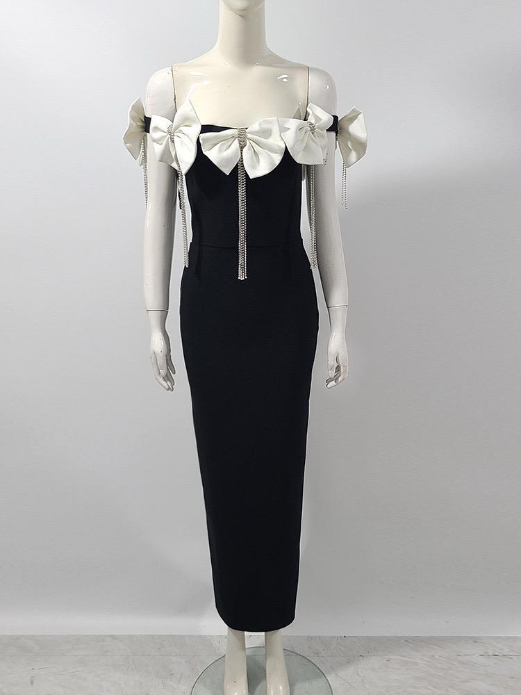 Pankh Hande Off-Shoulder Bow Tie Diamond Tassel Party Wear Long Dress