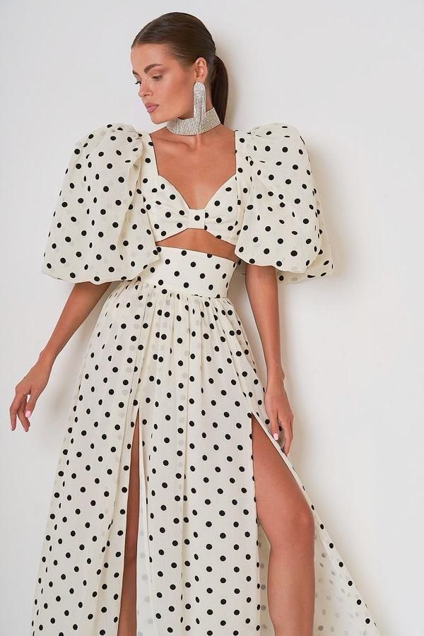 Pankh Cemil Polka Dot Top And Slit Skirt Set