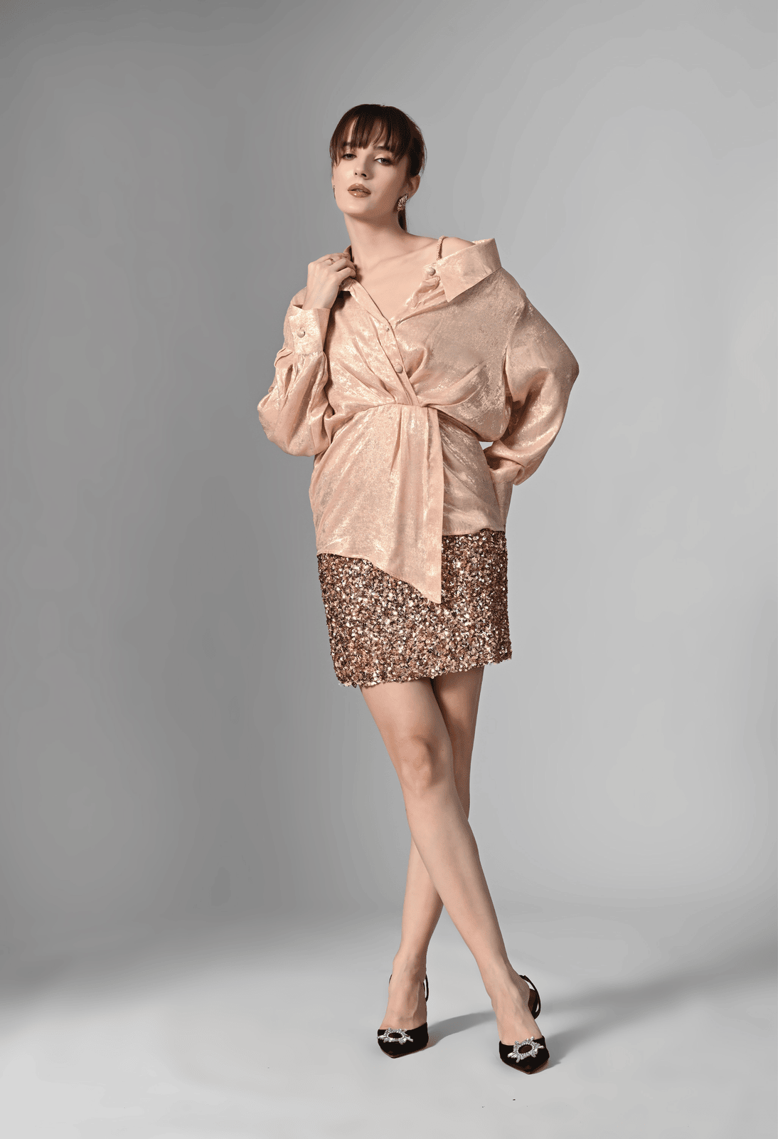 Pankh Gleaming Luxe Metallic Foiled Draped Party Wear Shirt