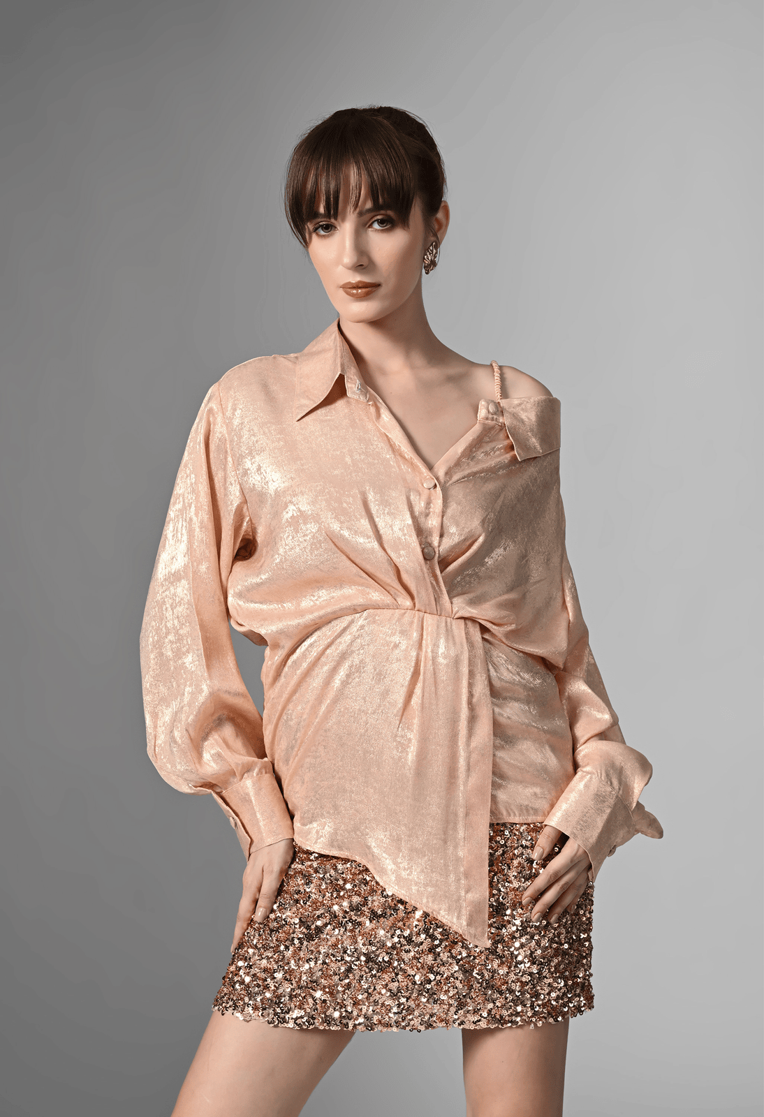 Pankh Gleaming Luxe Metallic Foiled Draped Party Wear Shirt