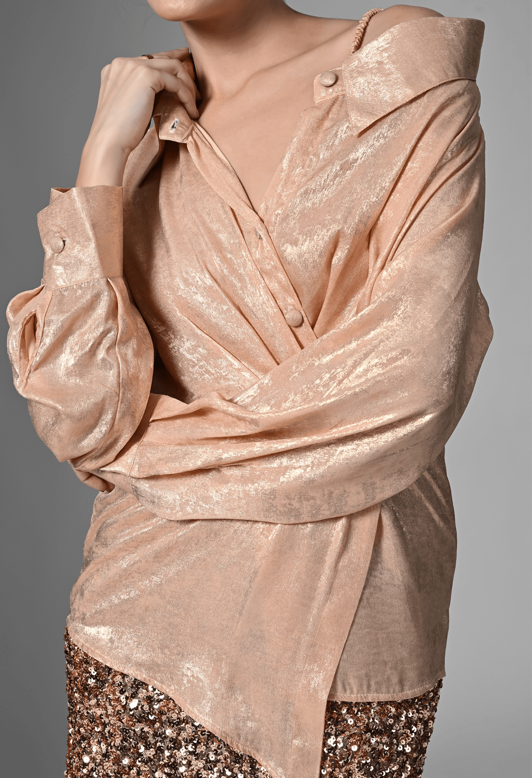 Pankh Gleaming Luxe Metallic Foiled Draped Party Wear Shirt
