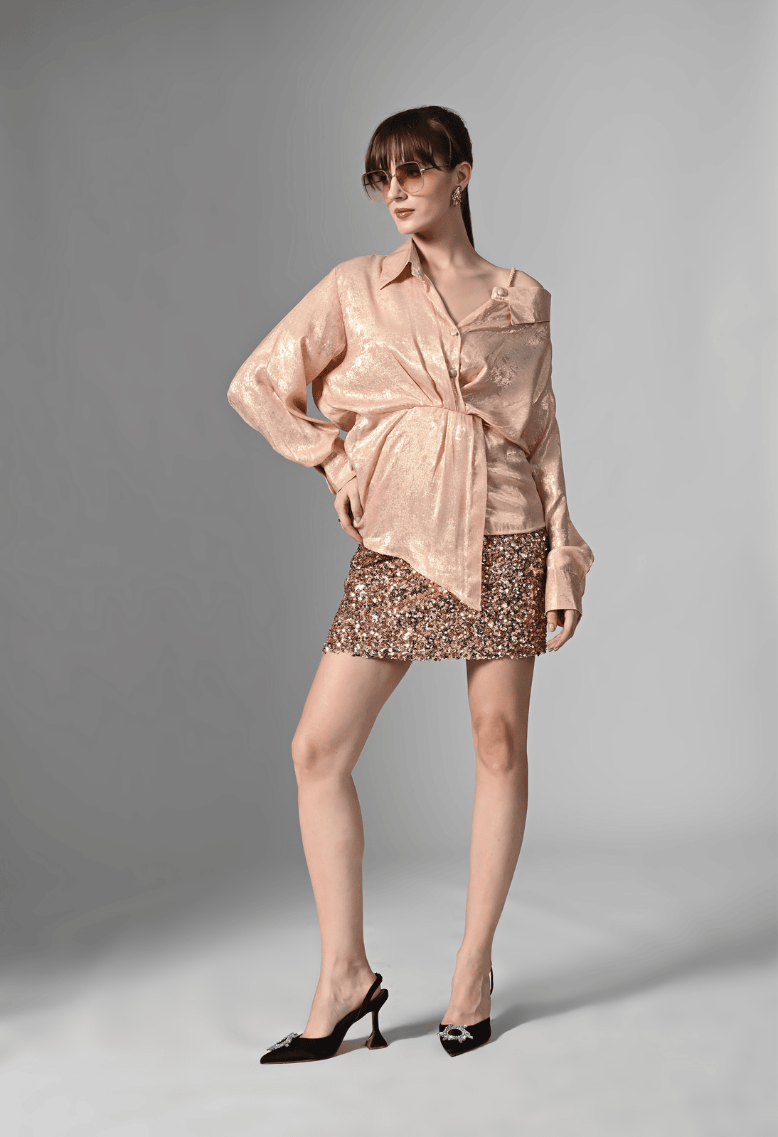 Pankh Gleaming Luxe Metallic Foiled Draped Party Wear Shirt