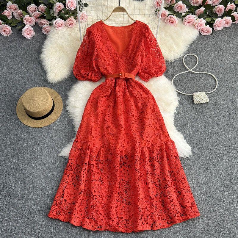 Pankh Selene Puff Sleeve V-Neck Crochet Maxi Dress