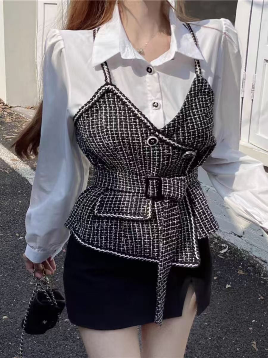 Pankh Nokie Woolen High Fashion Tweed Shirt and Belt Set