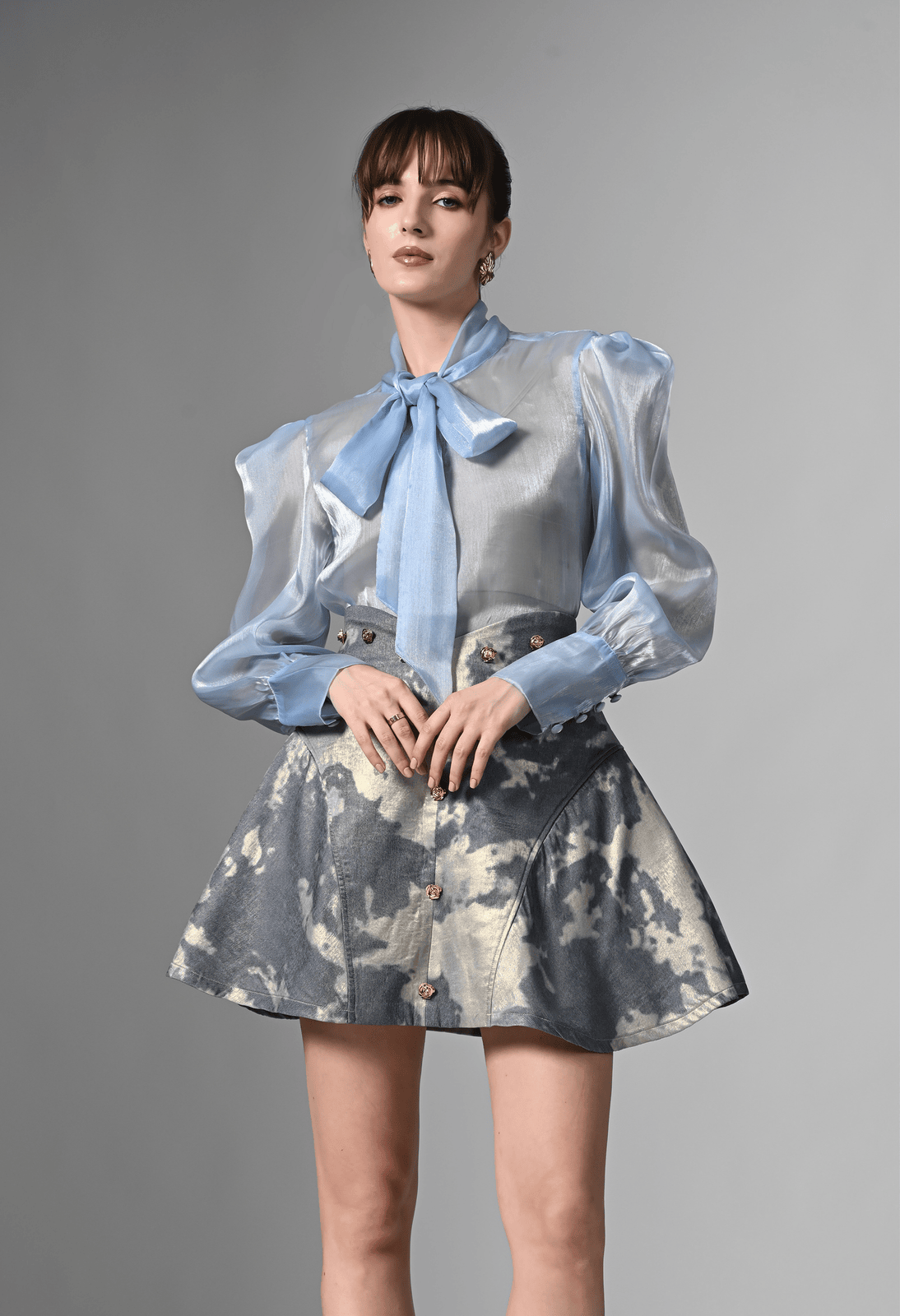 Pankh Jenia Custom Made High Fashion Tie-Neck Organza Top & Flared Skort Set