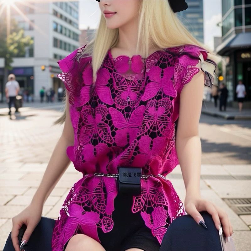 Pankh Zape Butterfly Hollow Cutout Pattern Lace Crochet Top