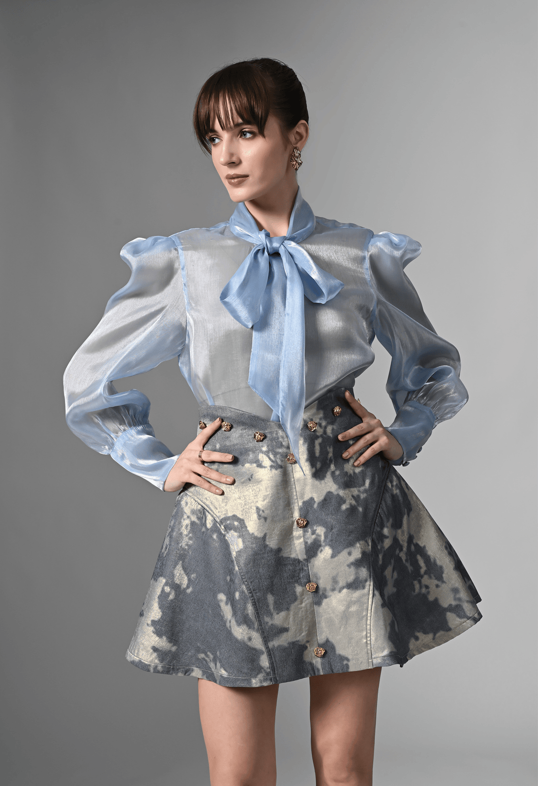 Pankh Jenia Custom Made High Fashion Tie-Neck Organza Top & Flared Skort Set