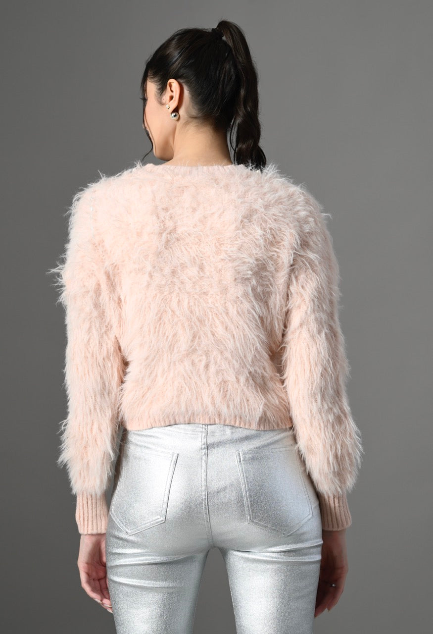 Pankh Cici Embellished Flower and Fur Luxe Fur Cropped Sweater Top
