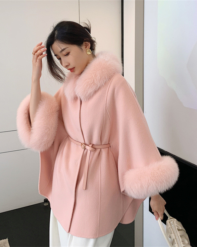 Pankh LOSSY WOOLEN CAPE COAT WITH FUR COLLAR AND SLEEVE