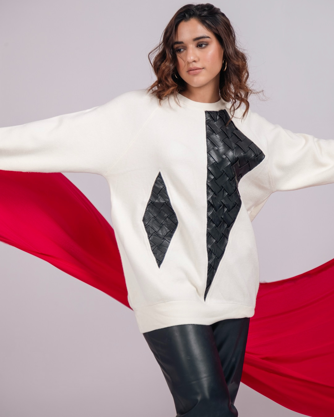 Pankh Charisma Designer Leather Patch Long Woolen Sweater