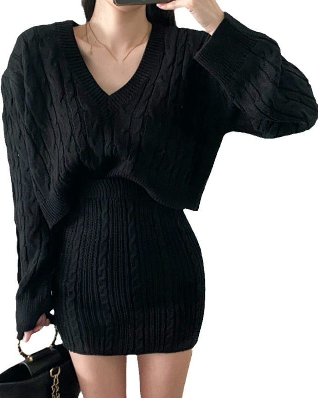Pankh Ray V-Neck Cable Knit Sweater And Mini Skirt