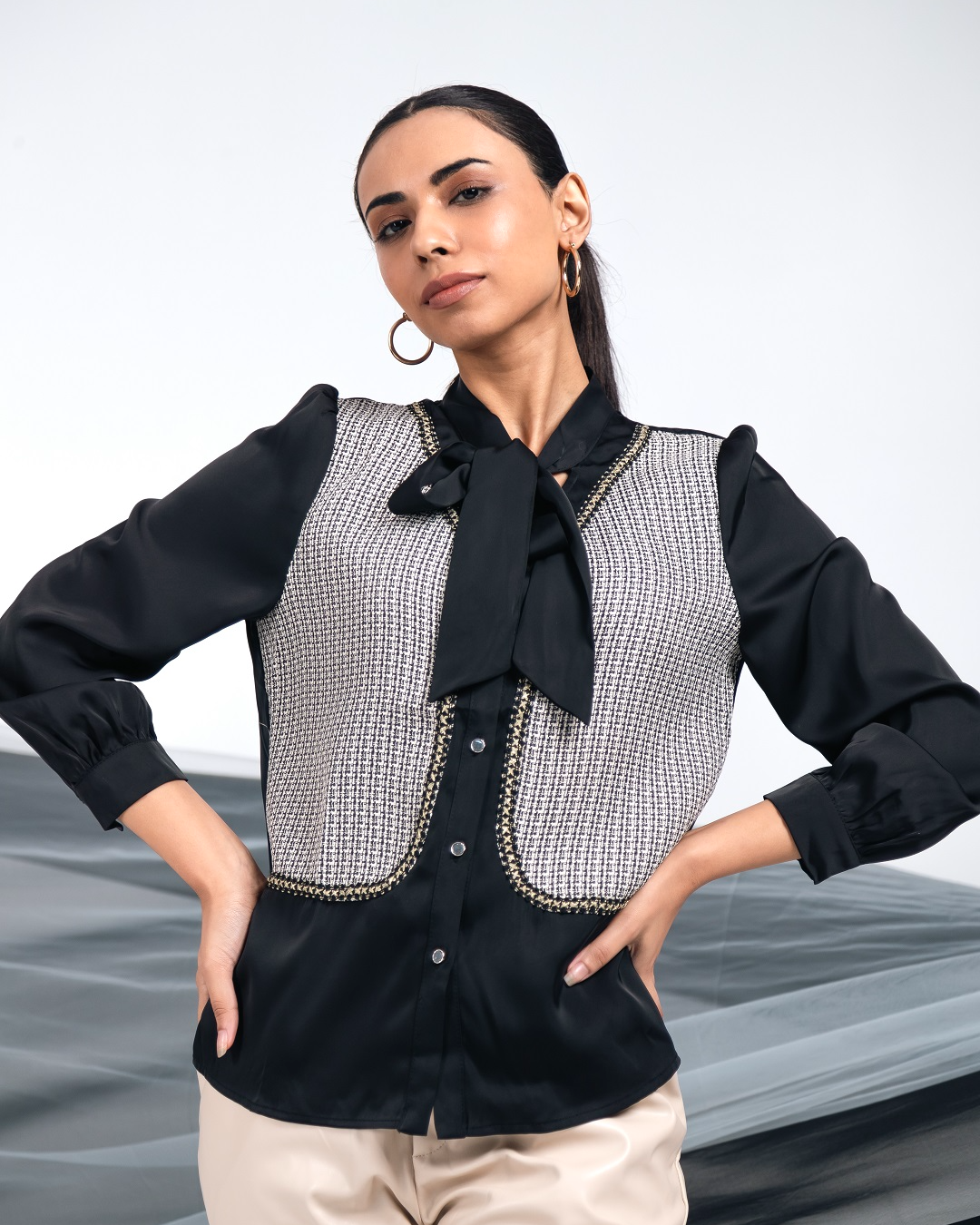 Pankh Belle Chic Satin Bow Collar Shirt