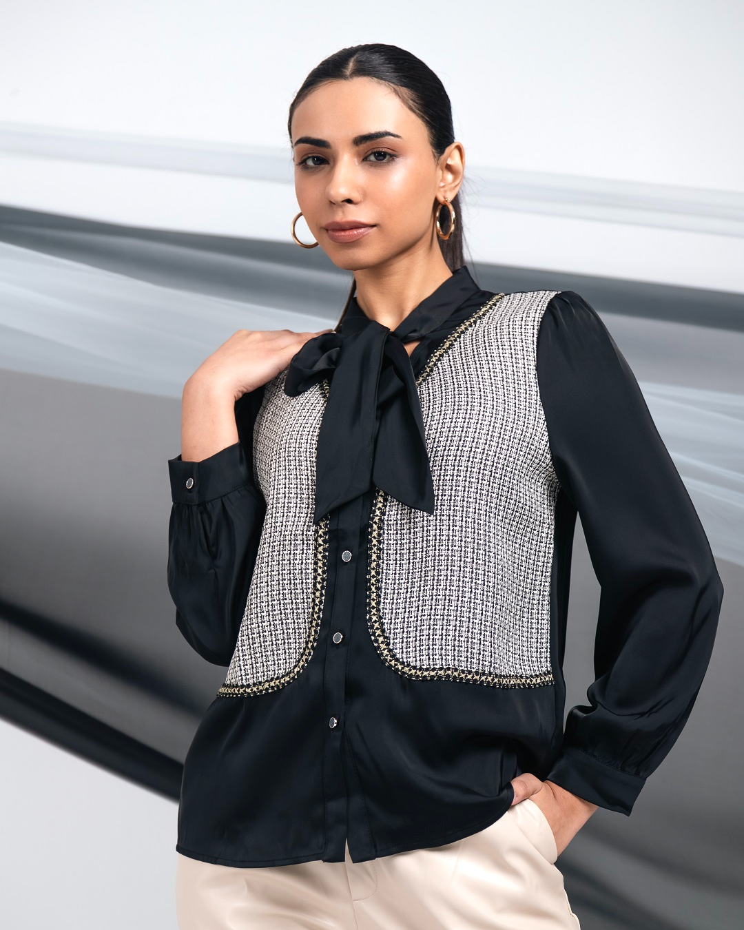 Pankh Belle Chic Satin Bow Collar Shirt