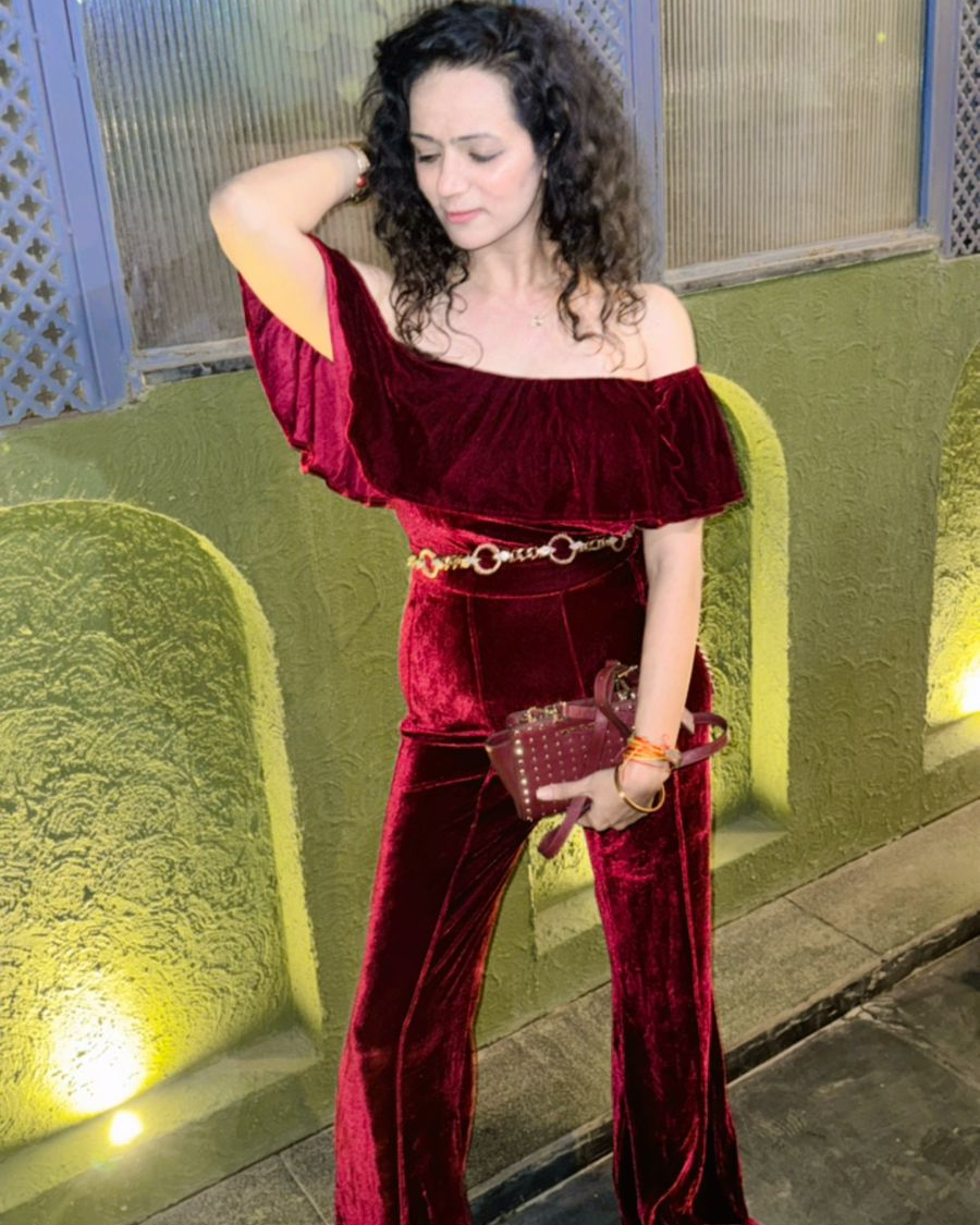 Pankh Lotte Off Shoulder Velvet Jumpsuit