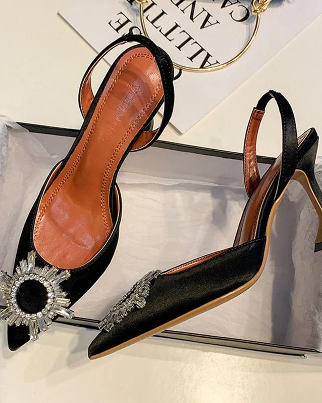 Pankh limie satin studded crystal buckle block heels