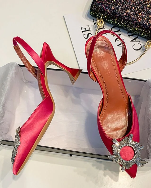 Pankh limie satin studded crystal buckle block heels