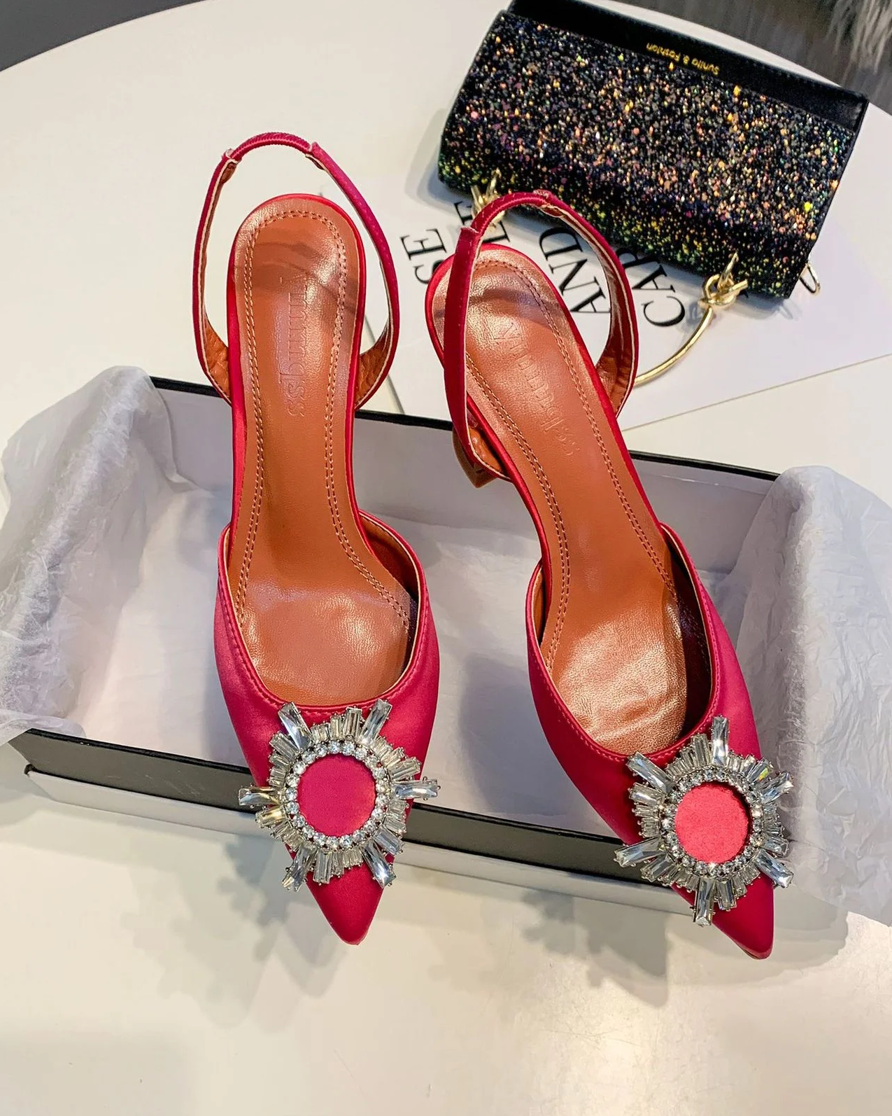 Pankh limie satin studded crystal buckle block heels