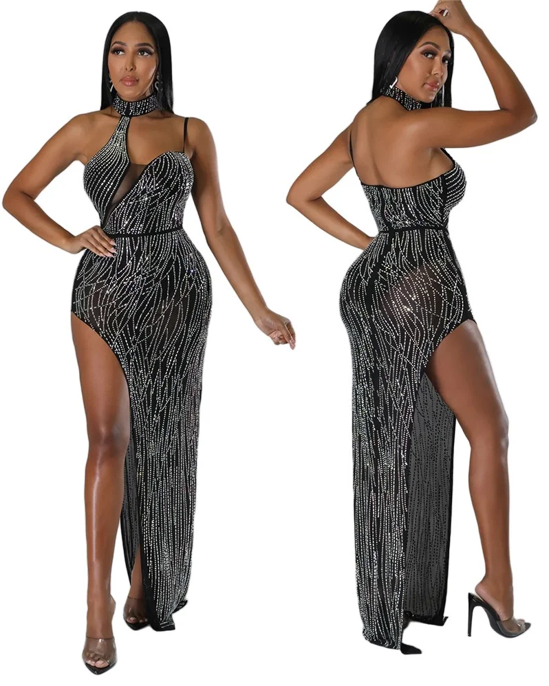 Philip Rhinstone Sheer One Shoulder Maxi Dress
