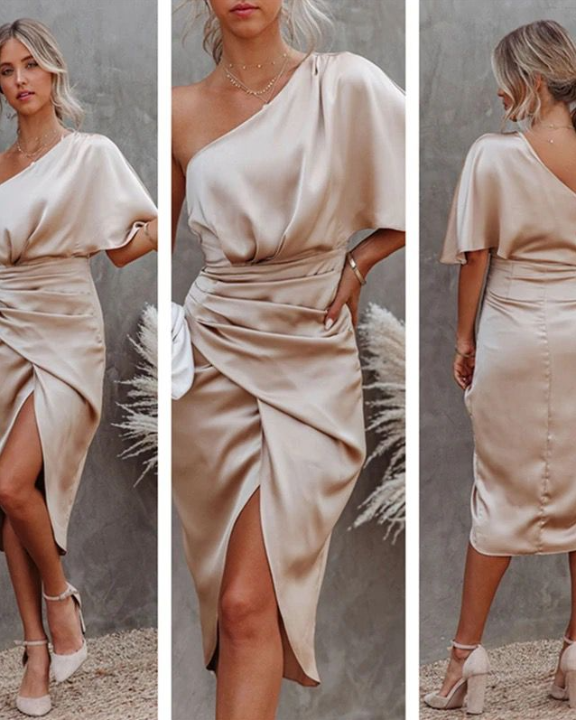 Pankh Miu Satin Backless One Off Shoulder Dress