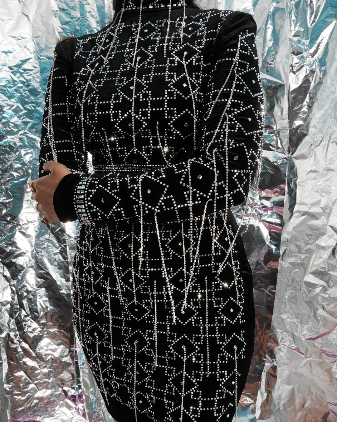 Pankh Anslie Rhinestone Velvet Tassel Dress